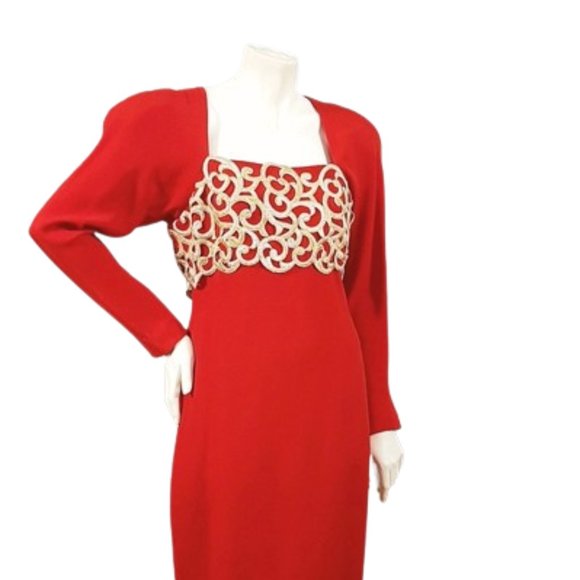 1980s Vintage Lipstick Red Fitted Cocktail Dress With Gold Trim & Shoulder Pads - Picture 2 of 9